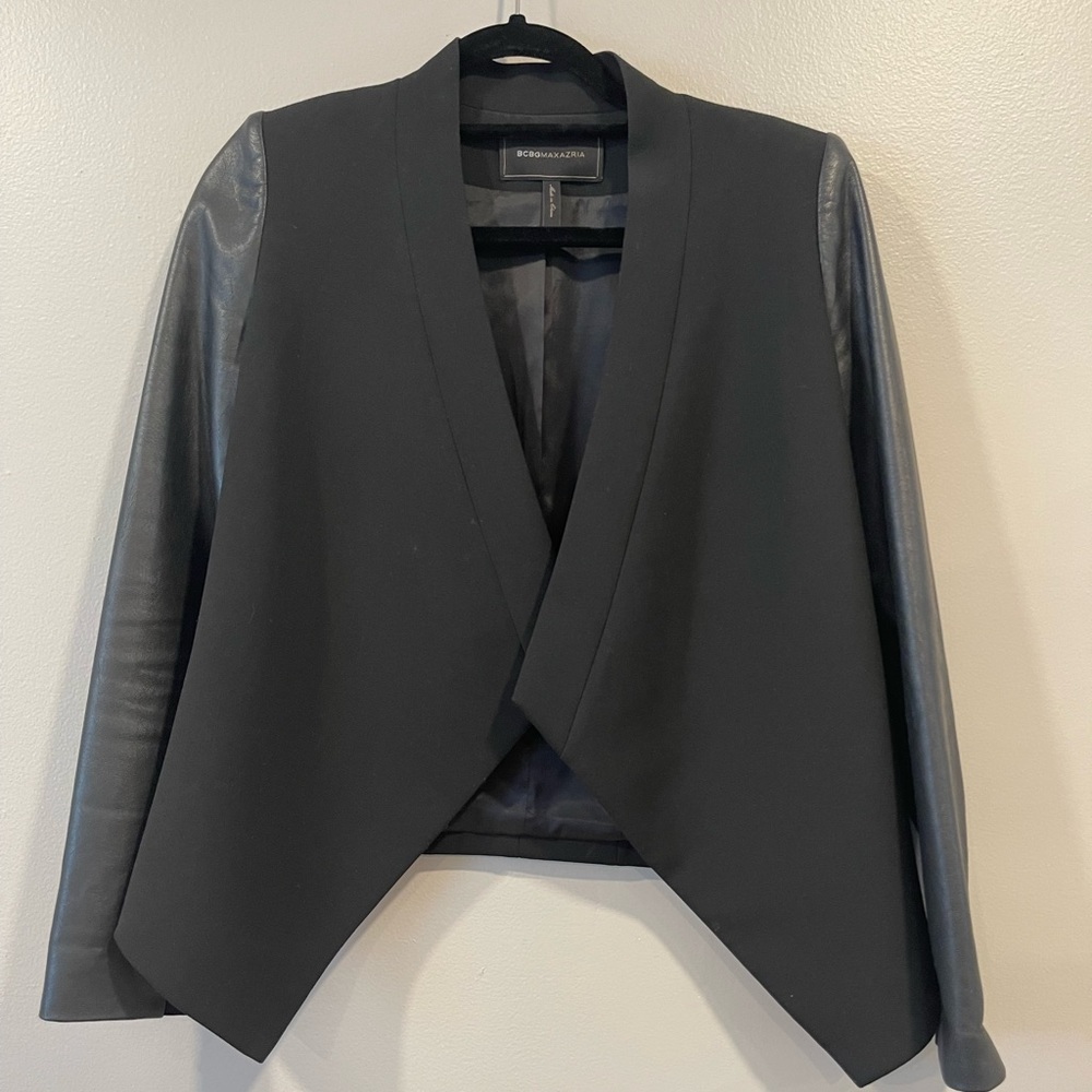BCBGMaxAzria Black Blazer with Faux Leather Sleeves
